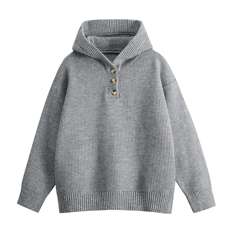 Casual Vintage Hooded Half-Button Knit Sweater
