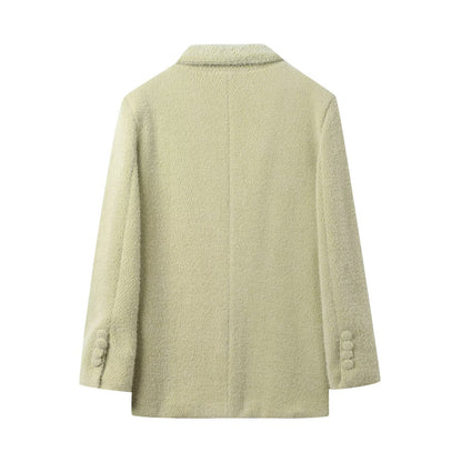 Collar long sleeved buckle green suede suit for women