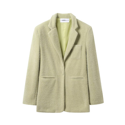 Collar long sleeved buckle green suede suit for women