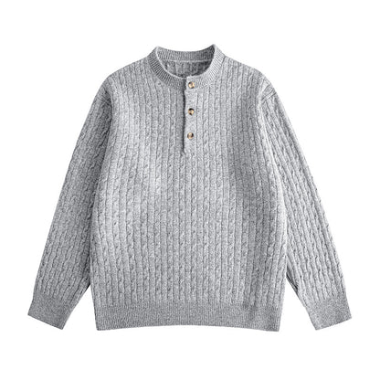 Cable Knit Buttoned Henley Neck Loose Pullover Sweater