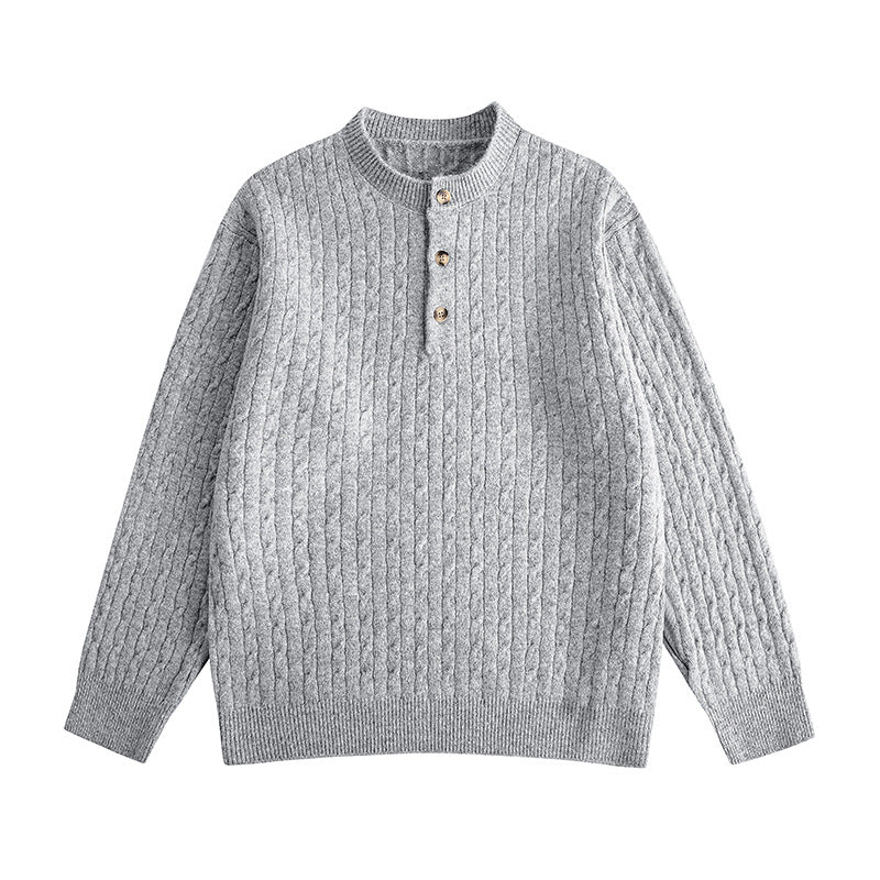 Cable Knit Buttoned Henley Neck Loose Pullover Sweater