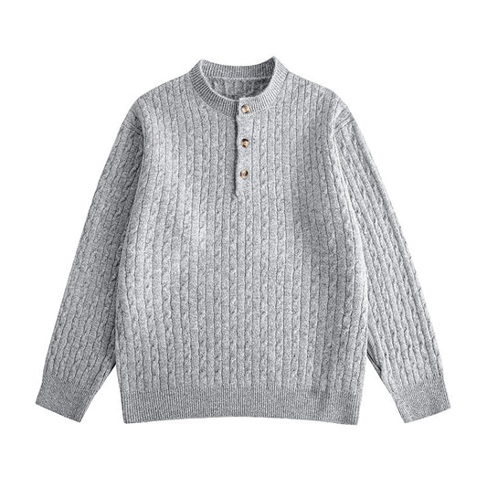 Cable Knit Buttoned Henley Neck Loose Pullover Sweater
