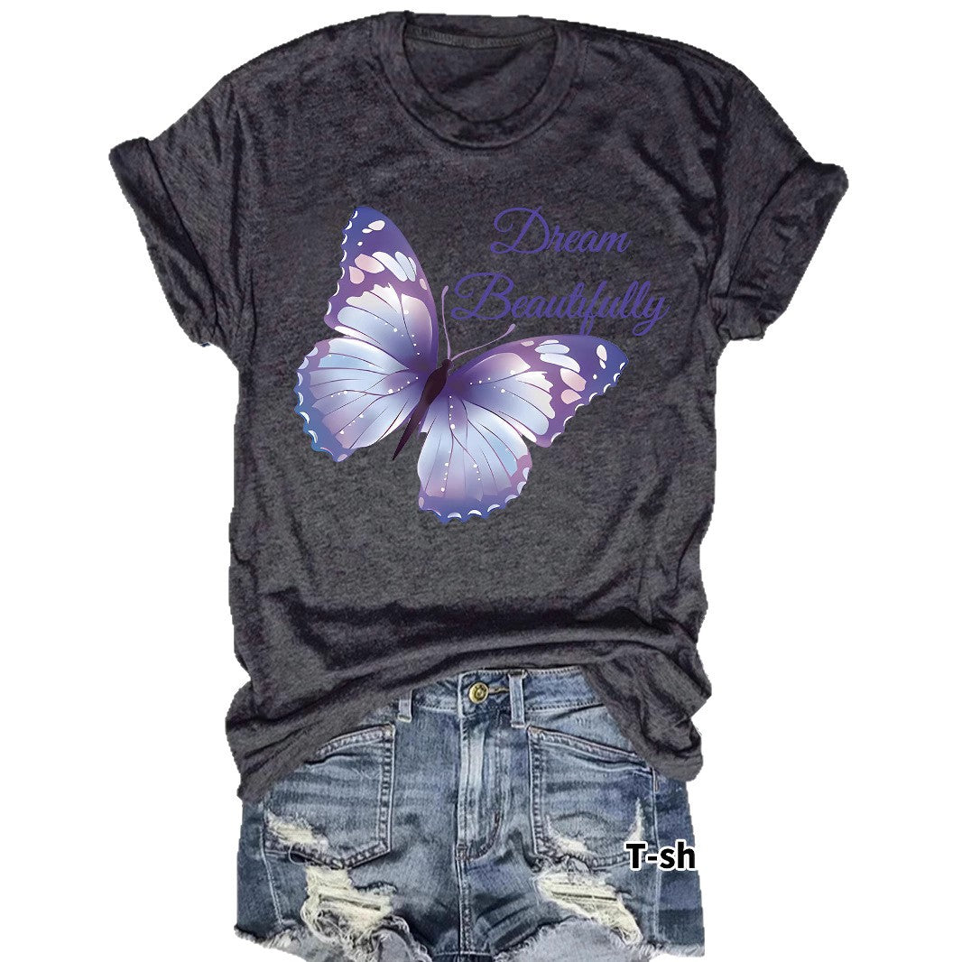 Round neck short sleeved women's T-shirt Dream butterfly print