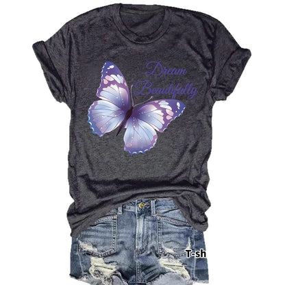 Round neck short sleeved women's T-shirt Dream butterfly print