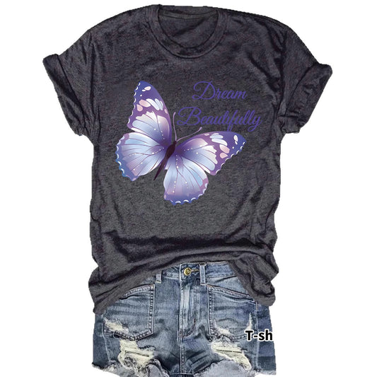 Round neck short sleeved women's T-shirt Dream butterfly print