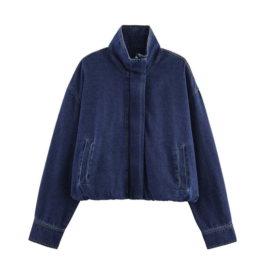 Casual stand collar long sleeved denim jacket for women