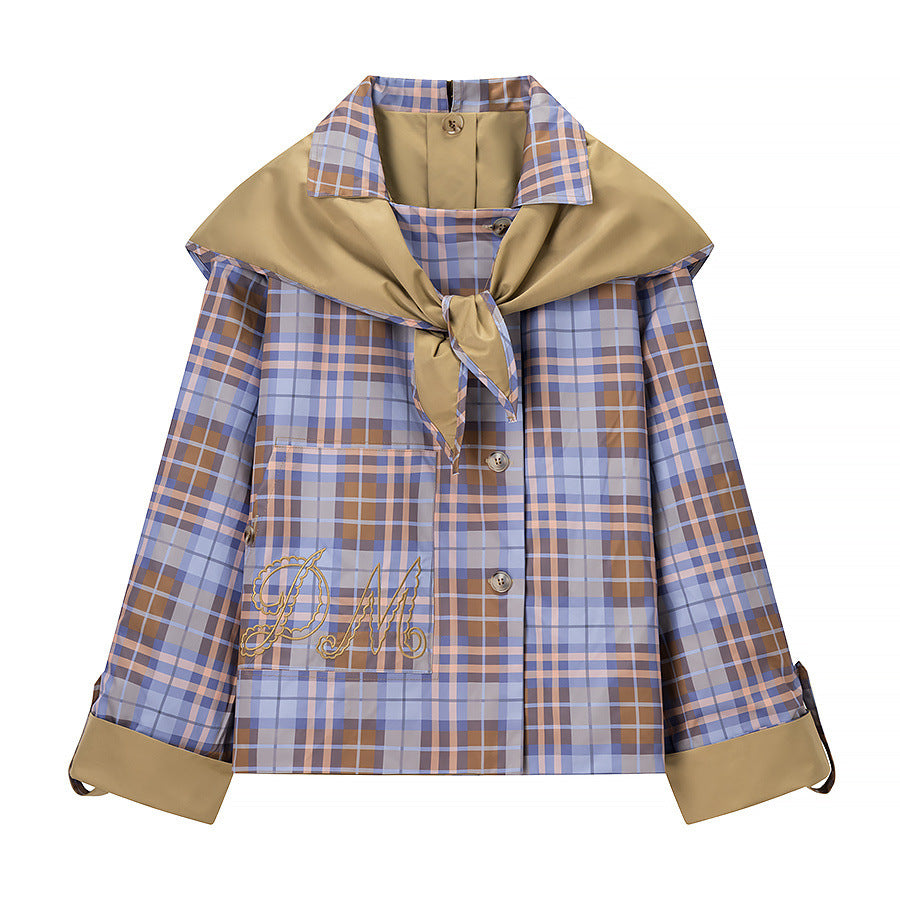 Single breasted double-sided long sleeved checkered embroidered jacket for women