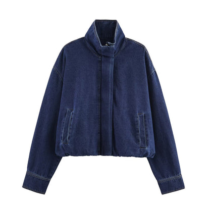 Casual stand collar long sleeved denim jacket for women