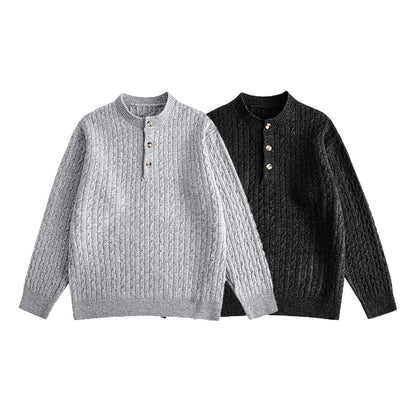 Cable Knit Buttoned Henley Neck Loose Pullover Sweater