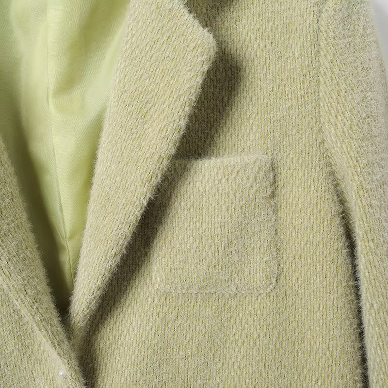 Collar long sleeved buckle green suede suit for women