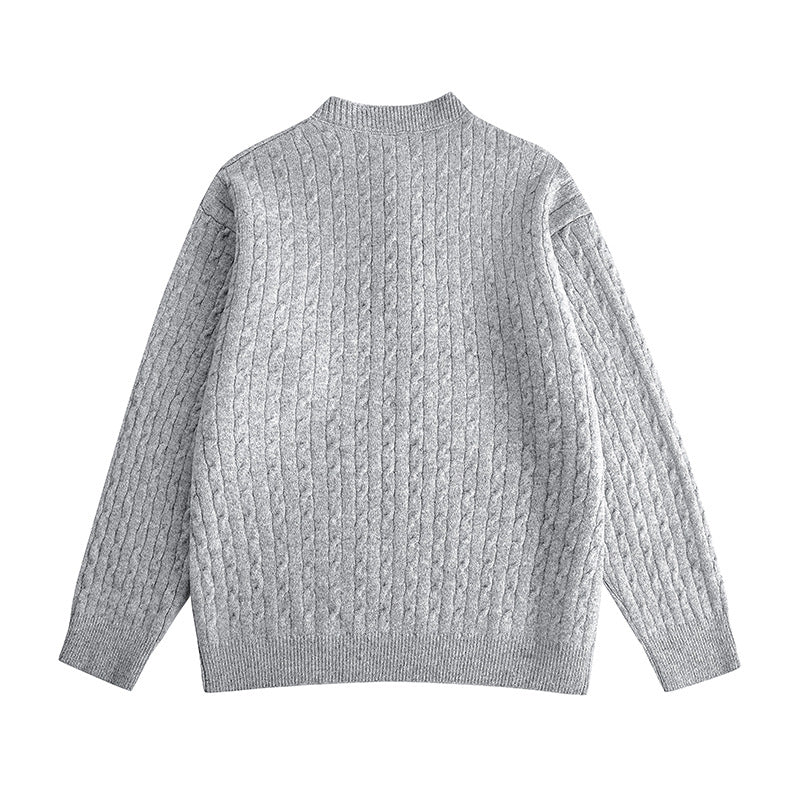 Cable Knit Buttoned Henley Neck Loose Pullover Sweater