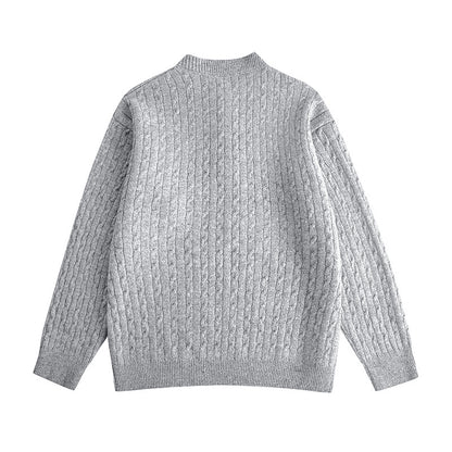 Cable Knit Buttoned Henley Neck Loose Pullover Sweater