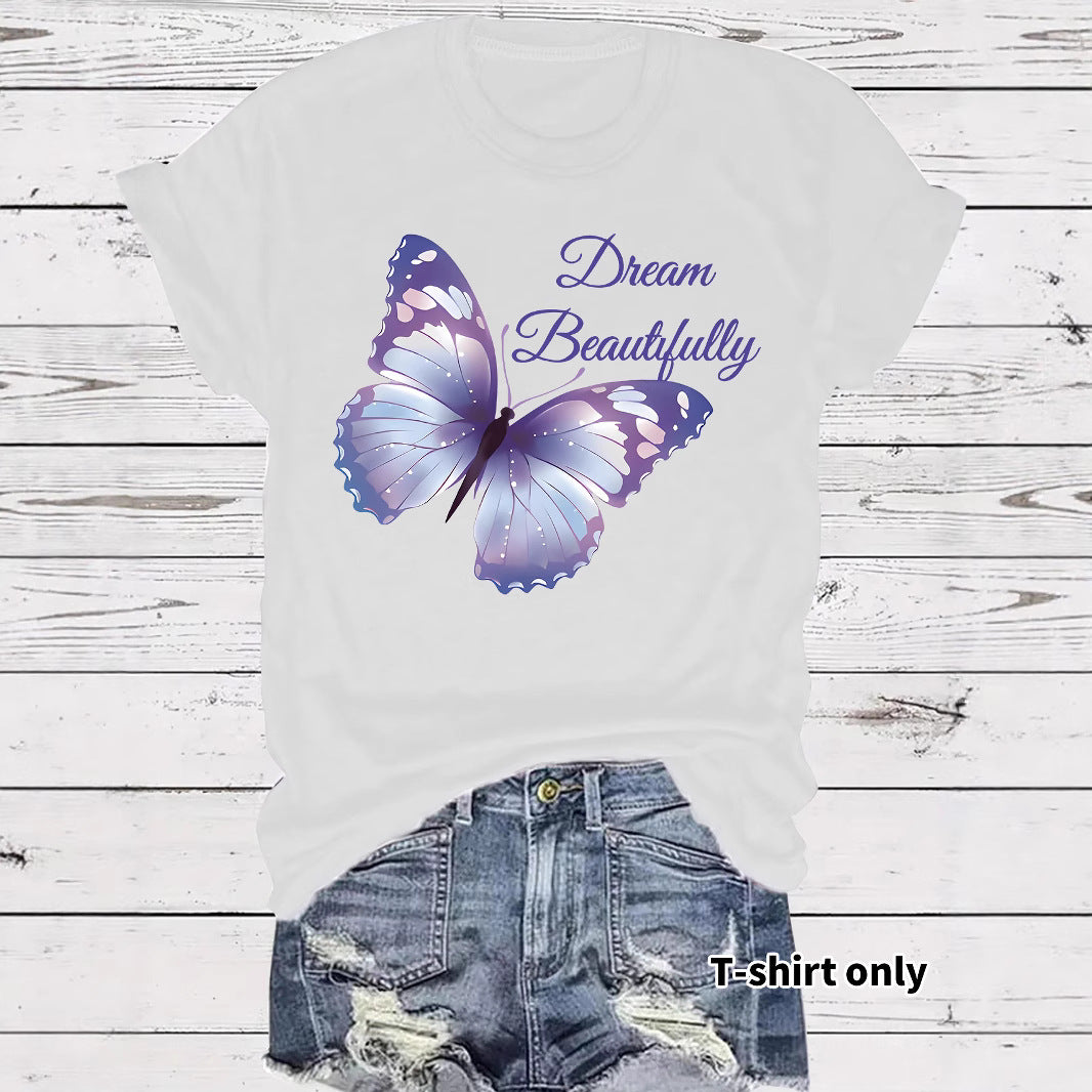 Round neck short sleeved women's T-shirt Dream butterfly print
