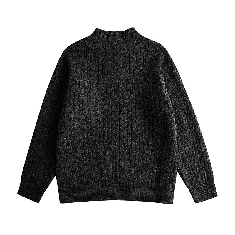 Cable Knit Buttoned Henley Neck Loose Pullover Sweater