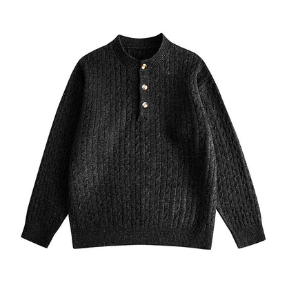 Cable Knit Buttoned Henley Neck Loose Pullover Sweater