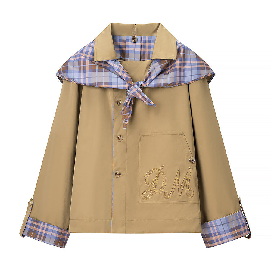 Single breasted double-sided long sleeved checkered embroidered jacket for women