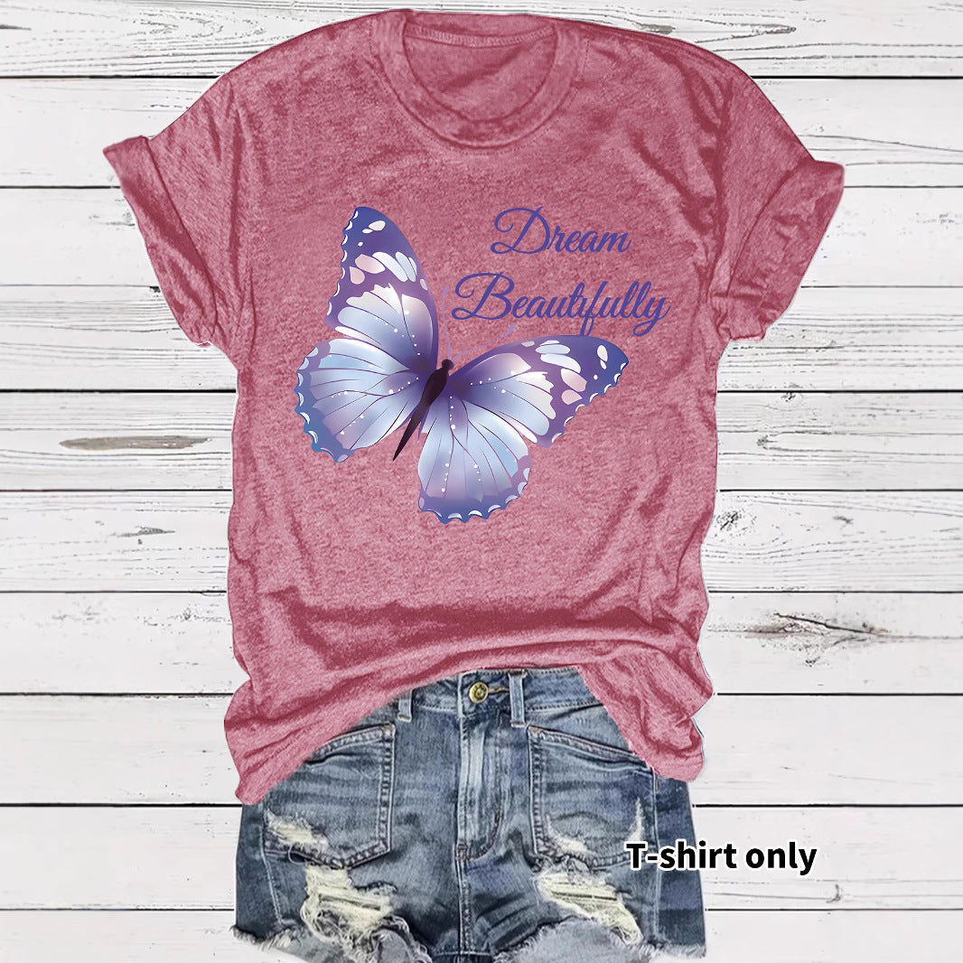 Round neck short sleeved women's T-shirt Dream butterfly print